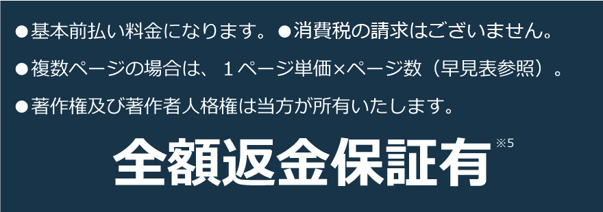 ●基本前払い料金になります。●消費税の請求はございません。
●複数ページの場合は、１ページ単価×ページ数（早見表参照）。
●著作権及び著作者人格権は当方が所有いたします。
全額返金保証有