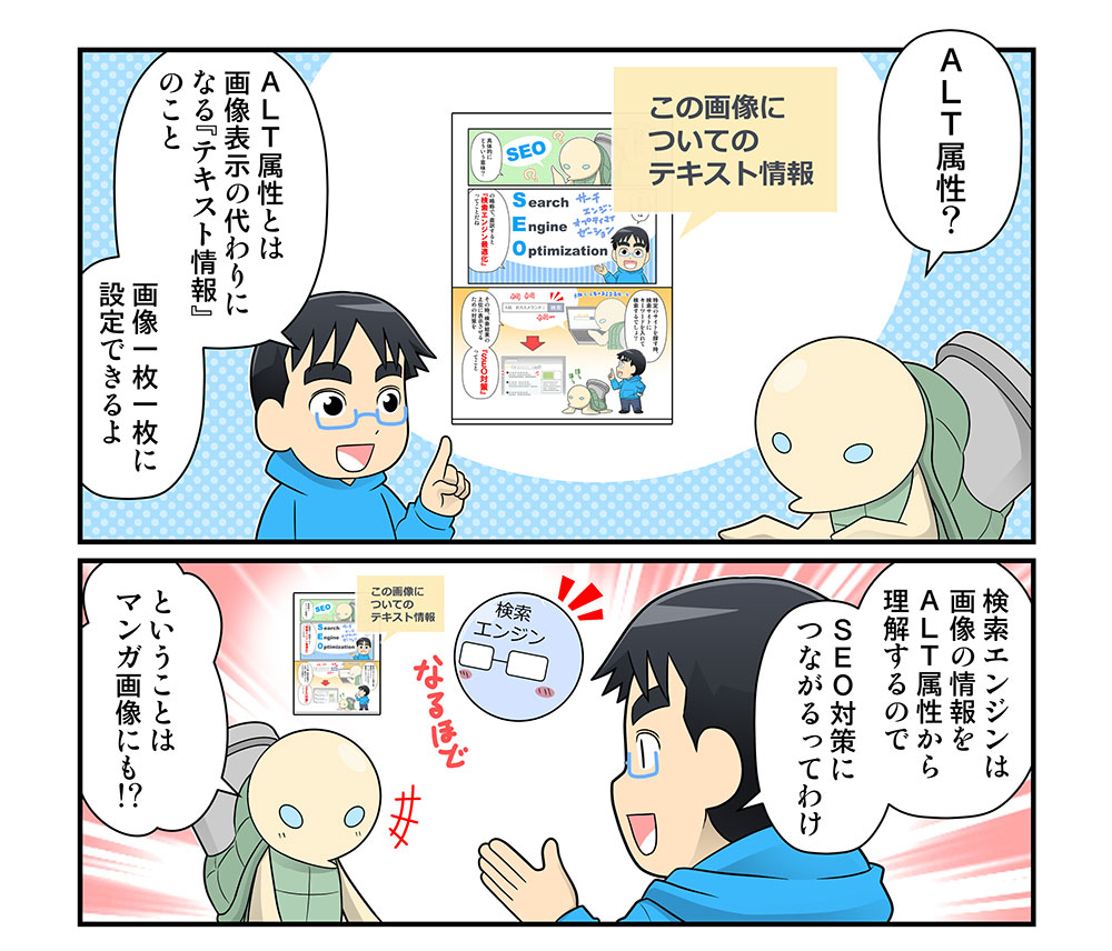 質問するカメ
ＡＬＴ属性？

解説する男
ＡＬＴ属性とは画像表示の代わりに
なる『テキスト情報』のこと
画像一枚一枚に設定できるよ

検索エンジンは画像の情報を
ＡＬＴ属性から理解するので
ＳＥＯ対策につながるってわけ

喜ぶカメ
ということはマンガ画像にも!?
